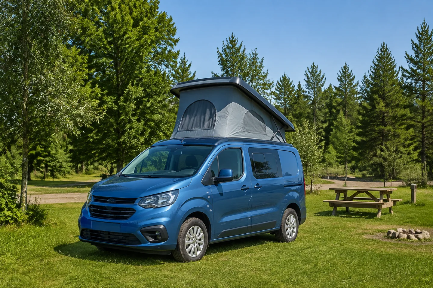 A small blue pop-top camper